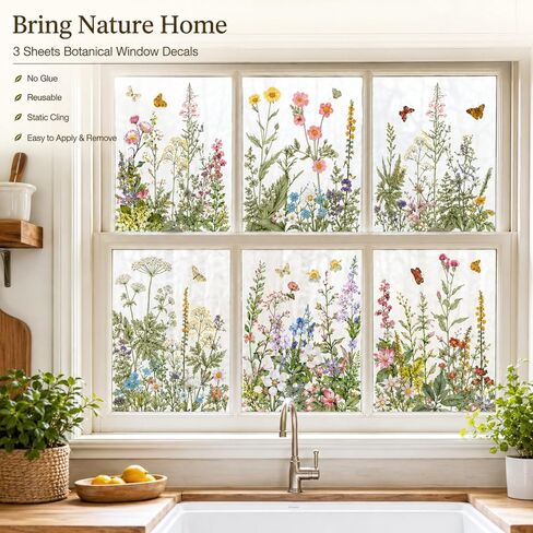 3 Sheets Vintage Summer Wildflowers Window Clings for Glass Windows, Self-Adhesive Florals and Butterflies Glass Decals for Wedding Party Home Office in Saudi Arabia