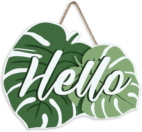 Hello Spring Summer Monstera Front Door Sign, Tropical Plant Botanical Wood Plaque Hanger Outdoor Outside Porch Home Decor, Farmhouse Wooden Wreath Indoor Wall Hanging Decoration in Kuwait
