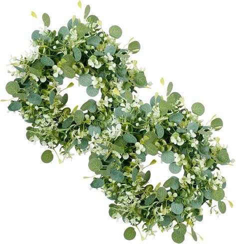 2Pcs Eucalyptus Green Wreath for Front Door, 11.8" Artificial Eucalyptus Leaves with White Flower Spring Summer Wreath for Wedding Wall Window Festival Farmhouse Garden Home Decor in Saudi Arabia