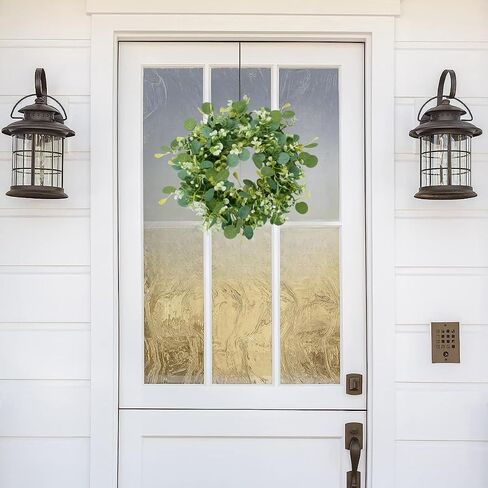 2Pcs Eucalyptus Green Wreath for Front Door, 11.8" Artificial Eucalyptus Leaves with White Flower Spring Summer Wreath for Wedding Wall Window Festival Farmhouse Garden Home Decor in Saudi Arabia