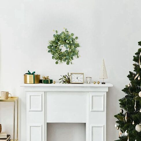 2Pcs Eucalyptus Green Wreath for Front Door, 11.8" Artificial Eucalyptus Leaves with White Flower Spring Summer Wreath for Wedding Wall Window Festival Farmhouse Garden Home Decor in Saudi Arabia