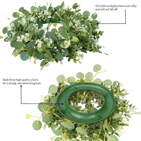 2Pcs Eucalyptus Green Wreath for Front Door, 11.8" Artificial Eucalyptus Leaves with White Flower Spring Summer Wreath for Wedding Wall Window Festival Farmhouse Garden Home Decor in Saudi Arabia
