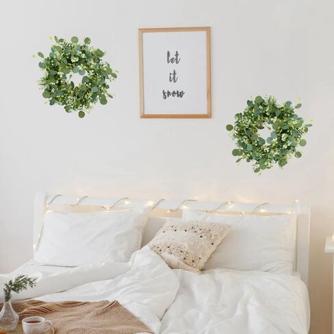 2Pcs Eucalyptus Green Wreath for Front Door, 11.8" Artificial Eucalyptus Leaves with White Flower Spring Summer Wreath for Wedding Wall Window Festival Farmhouse Garden Home Decor in Saudi Arabia