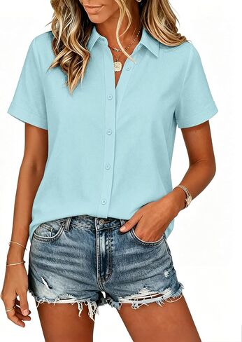 JEKAOYI Womens Button Down Shirt Short Sleeve V Neck Button up Stretchy Dressy Casual Work Tops Womens Summer Blouses in Kuwait