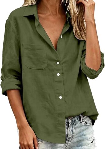 Women's Cotton Gauze Button Down Shirts 2026 V Neck Long Sleeve Linen Tops Summer Blouse for Dressy Work Vacation in Kuwait