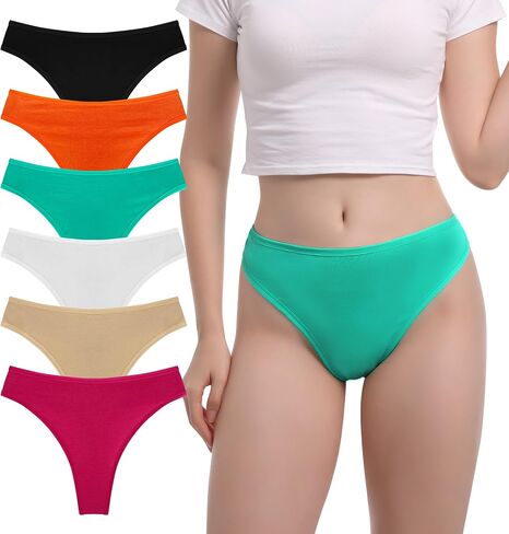 Women's High Waisted Thong Panties - 95% Cotton 5% Spandex, T-Back Seamless Underwear, Soft & Comfortable Pack 6 in Saudi Arabia