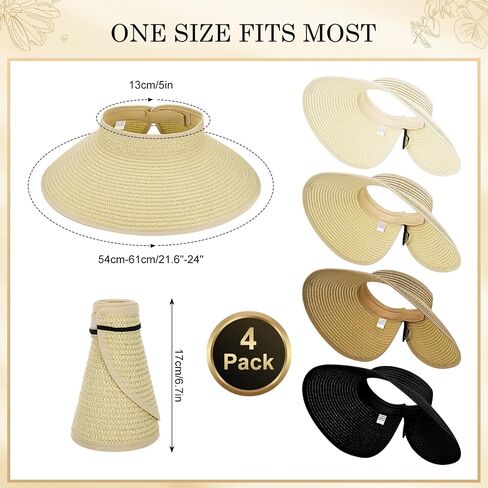 4 Pack Straw Sun Visor Hats for Women Wide Brim Packable Sun Hat Adjustable Beach Hats for Women Summer Travel Essentials Ponytail Friendly UV Protection in Saudi Arabia