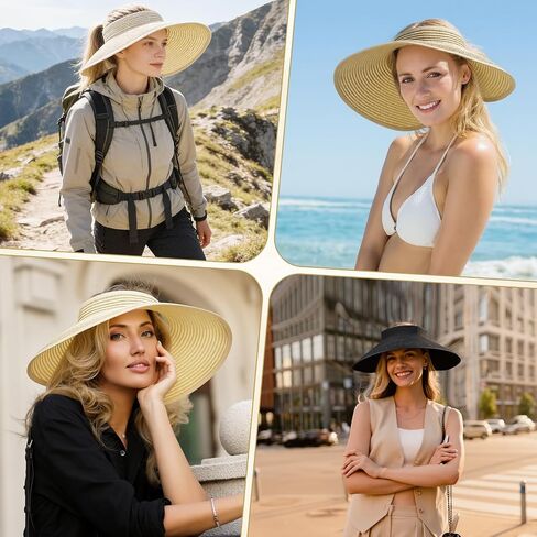 4 Pack Straw Sun Visor Hats for Women Wide Brim Packable Sun Hat Adjustable Beach Hats for Women Summer Travel Essentials Ponytail Friendly UV Protection in Saudi Arabia