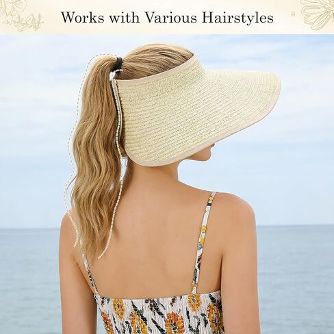 4 Pack Straw Sun Visor Hats for Women Wide Brim Packable Sun Hat Adjustable Beach Hats for Women Summer Travel Essentials Ponytail Friendly UV Protection in Saudi Arabia