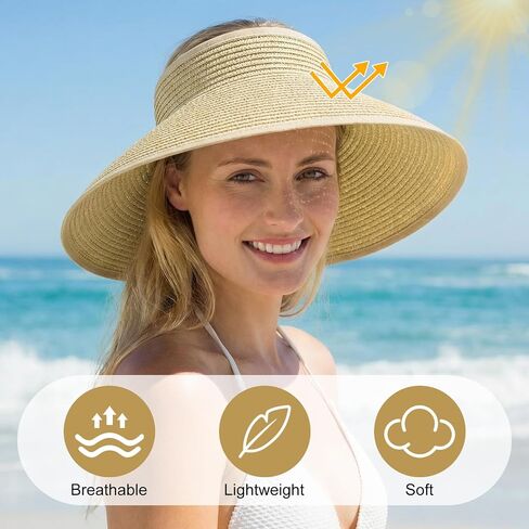 4 Pack Straw Sun Visor Hats for Women Wide Brim Packable Sun Hat Adjustable Beach Hats for Women Summer Travel Essentials Ponytail Friendly UV Protection in Saudi Arabia