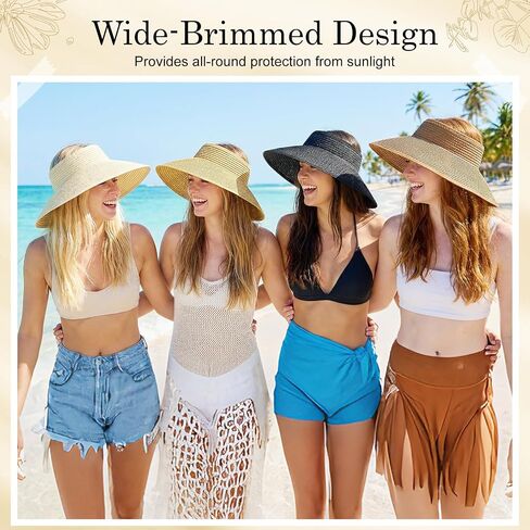 4 Pack Straw Sun Visor Hats for Women Wide Brim Packable Sun Hat Adjustable Beach Hats for Women Summer Travel Essentials Ponytail Friendly UV Protection in Saudi Arabia