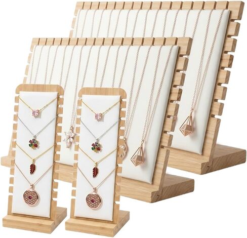 Necklace Display Stands For Selling 4-Piece Necklace Display Set – Bamboo Jewelry Organizer with PU Leather Panels,Multi-Tiered Design in Saudi Arabia