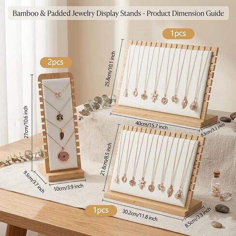 Necklace Display Stands For Selling 4-Piece Necklace Display Set – Bamboo Jewelry Organizer with PU Leather Panels,Multi-Tiered Design in Saudi Arabia