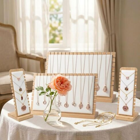 Necklace Display Stands For Selling 4-Piece Necklace Display Set – Bamboo Jewelry Organizer with PU Leather Panels,Multi-Tiered Design in Saudi Arabia