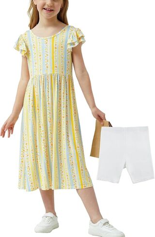 Bamboo Viscose Girls Summer Maxi Dress with Shorts Set 4-12 Years, Casual Flutter Sleeve Floral Long Dresses for Kids in Saudi Arabia