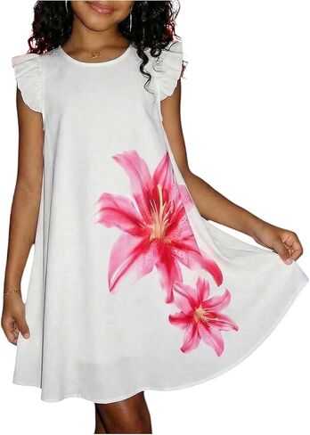 RoseSeek Girl's Floral Ruffle Short Dress Crew Neck Cap Sleeve A Line Summer Dress for Beach Vacation in Kuwait