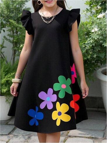 RoseSeek Girl's Floral Ruffle Short Dress Crew Neck Cap Sleeve A Line Summer Dress for Beach Vacation in Kuwait