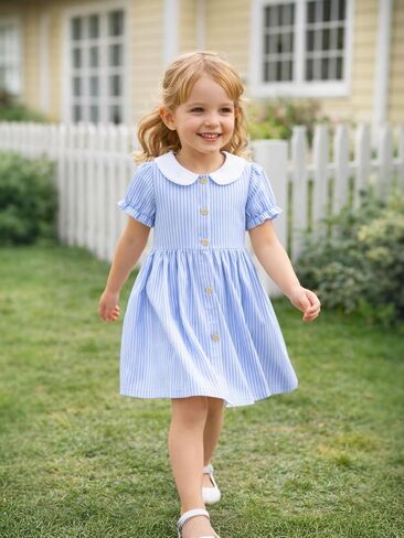 Girls' Pure Cotton Striped Dress, Suitable for Children's Casual Dress, Size 2-7Y in Kuwait