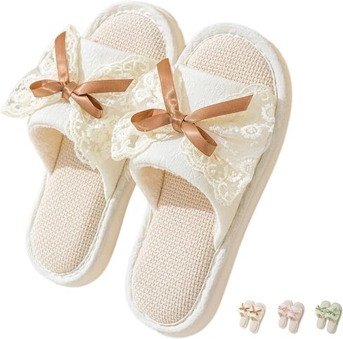 Lace Bow Slippers for Women Indoor Summer Linen Slippers Sandals Bow Tie Open Toe Home Slides Bedroom Non-Slip House Shoes Cozy Breathable Slippers with Bows in Saudi Arabia