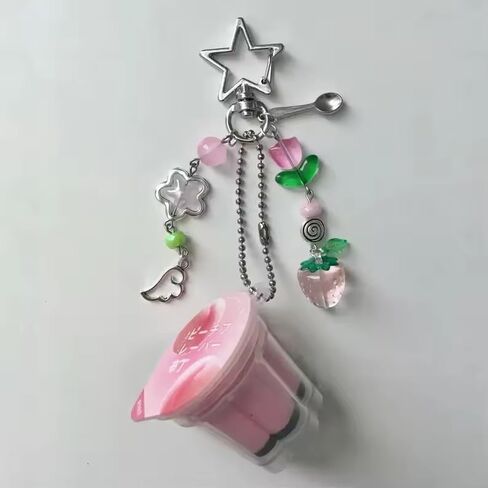 Cute Pink Dessert Keychain Mini Pudding Bag Charm with Strawberry Flower Wing Spoon Beads for Women Purse Backpack Decor in Kuwait