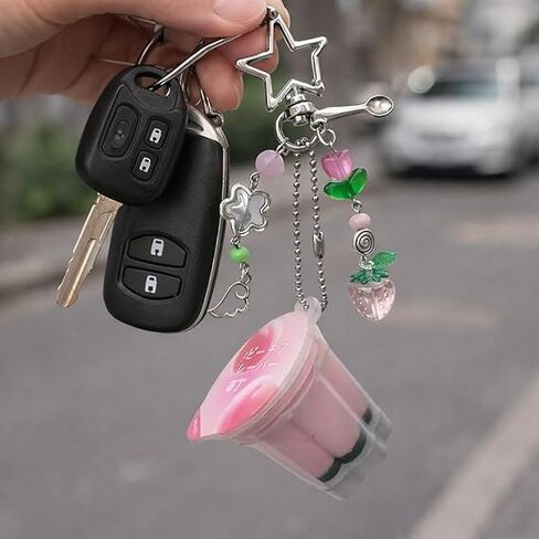 Cute Pink Dessert Keychain Mini Pudding Bag Charm with Strawberry Flower Wing Spoon Beads for Women Purse Backpack Decor in Kuwait