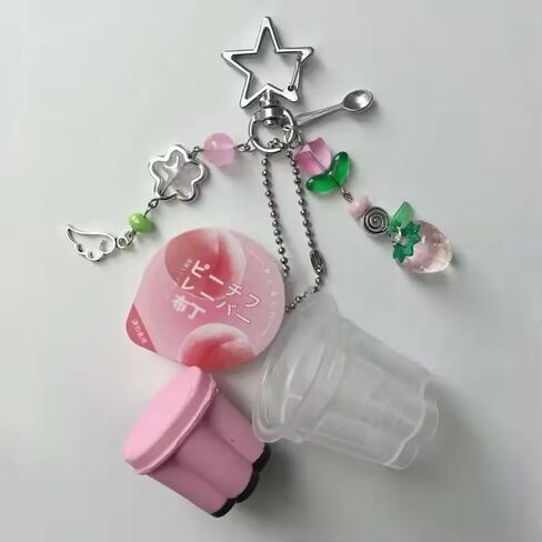 Cute Pink Dessert Keychain Mini Pudding Bag Charm with Strawberry Flower Wing Spoon Beads for Women Purse Backpack Decor in Kuwait