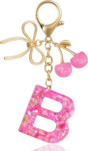 Resin Initial Keychain with Cherry & Bow - Cute Purse, Handbag, Backpacks - Letter Bag Charm for Women, Girls in Saudi Arabia