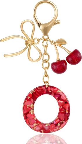 Resin Initial Keychain with Cherry & Bow - Cute Purse, Handbag, Backpacks - Letter Bag Charm for Women, Girls in Saudi Arabia