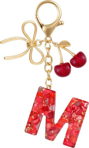 Resin Initial Keychain with Cherry & Bow - Cute Purse, Handbag, Backpacks - Letter Bag Charm for Women, Girls in Saudi Arabia