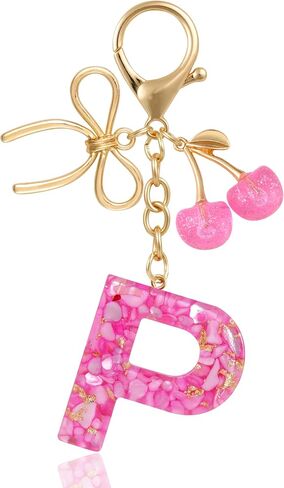 Resin Initial Keychain with Cherry & Bow - Cute Purse, Handbag, Backpacks - Letter Bag Charm for Women, Girls in Saudi Arabia
