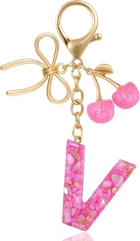 Resin Initial Keychain with Cherry & Bow - Cute Purse, Handbag, Backpacks - Letter Bag Charm for Women, Girls in Saudi Arabia