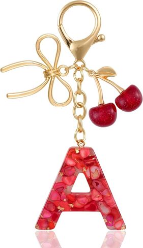 Resin Initial Keychain with Cherry & Bow - Cute Purse, Handbag, Backpacks - Letter Bag Charm for Women, Girls in Saudi Arabia