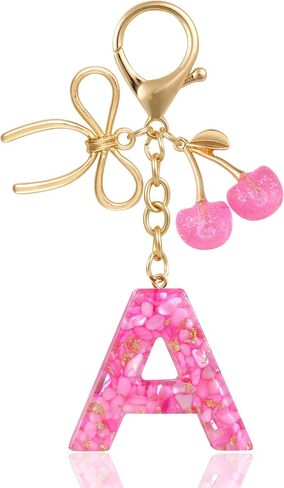 Resin Initial Keychain with Cherry & Bow - Cute Purse, Handbag, Backpacks - Letter Bag Charm for Women, Girls in Saudi Arabia