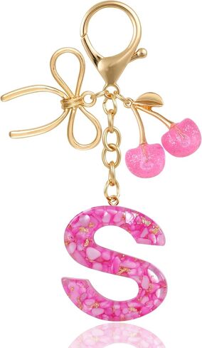 Resin Initial Keychain with Cherry & Bow - Cute Purse, Handbag, Backpacks - Letter Bag Charm for Women, Girls in Saudi Arabia