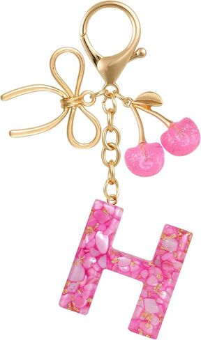 Resin Initial Keychain with Cherry & Bow - Cute Purse, Handbag, Backpacks - Letter Bag Charm for Women, Girls in Saudi Arabia