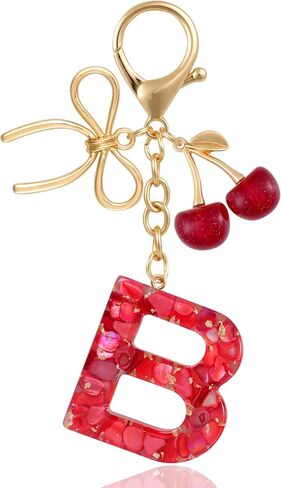 Resin Initial Keychain with Cherry & Bow - Cute Purse, Handbag, Backpacks - Letter Bag Charm for Women, Girls in Saudi Arabia