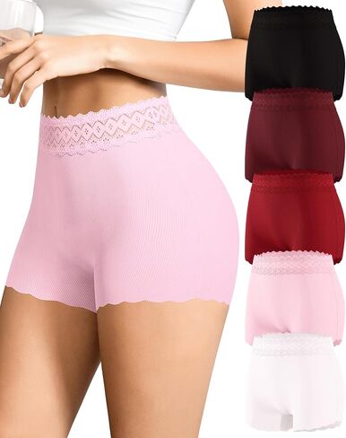 Women's Boyshorts Underwear High Waisted Seamless No Show Lace Boxer Briefs Breathable Full Coverage Panties 5 Pack in Saudi Arabia