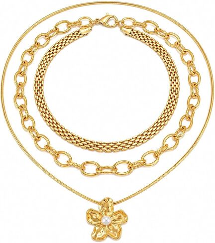 Gold Flower Necklace Stack for Women - 14K Gold Layered Trio Set, Boho Chunky Flower Necklaces, Waterproof Necklace Stack, Perfect for Everyday Layering Jewelry Gift in Saudi Arabia