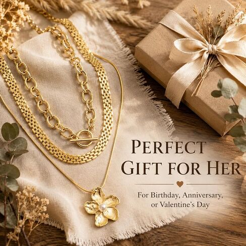 Gold Flower Necklace Stack for Women - 14K Gold Layered Trio Set, Boho Chunky Flower Necklaces, Waterproof Necklace Stack, Perfect for Everyday Layering Jewelry Gift in Saudi Arabia
