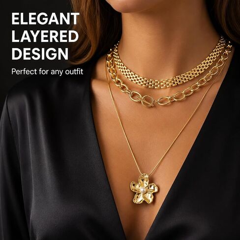 Gold Flower Necklace Stack for Women - 14K Gold Layered Trio Set, Boho Chunky Flower Necklaces, Waterproof Necklace Stack, Perfect for Everyday Layering Jewelry Gift in Saudi Arabia