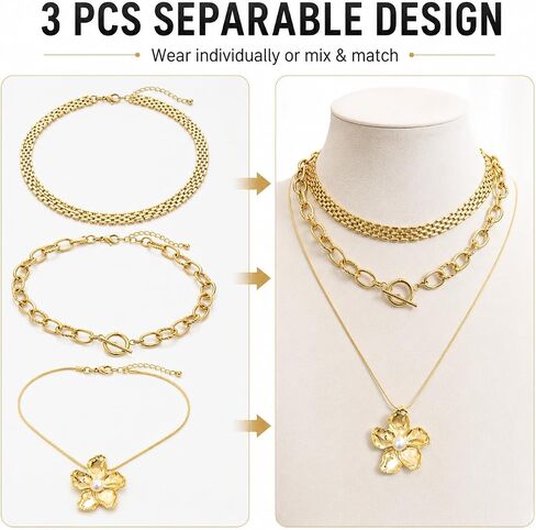 Gold Flower Necklace Stack for Women - 14K Gold Layered Trio Set, Boho Chunky Flower Necklaces, Waterproof Necklace Stack, Perfect for Everyday Layering Jewelry Gift in Saudi Arabia