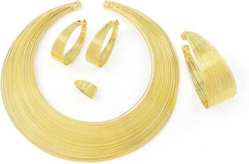 4PCS African Gold Jewelry Set Plated Necklace Earrings Ring Bracelet Chunky Bib Jewelry Sets for Women in Saudi Arabia