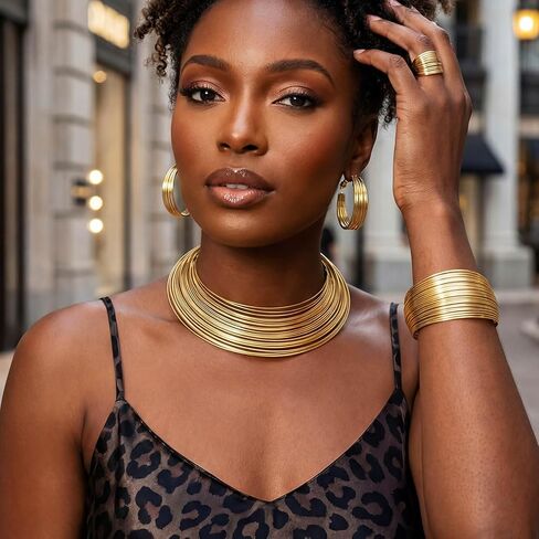 4PCS African Gold Jewelry Set Plated Necklace Earrings Ring Bracelet Chunky Bib Jewelry Sets for Women in Saudi Arabia