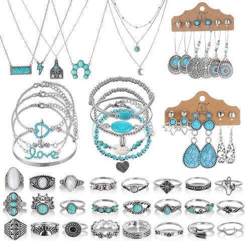 50Pcs Bohemian Jewelry Set With Turquoise Necklace, Dangle Earrings, Stackable Bangle Bracelets, Knuckle Rings, Vintage Western Boho Turquoise Jewelry Set for Women Anniversary Birthday Gift in Saudi Arabia