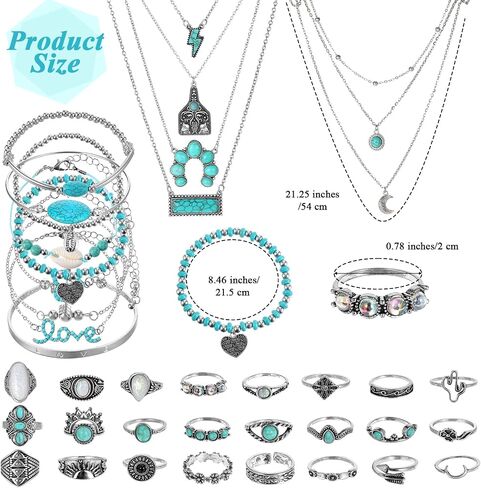 50Pcs Bohemian Jewelry Set With Turquoise Necklace, Dangle Earrings, Stackable Bangle Bracelets, Knuckle Rings, Vintage Western Boho Turquoise Jewelry Set for Women Anniversary Birthday Gift in Saudi Arabia