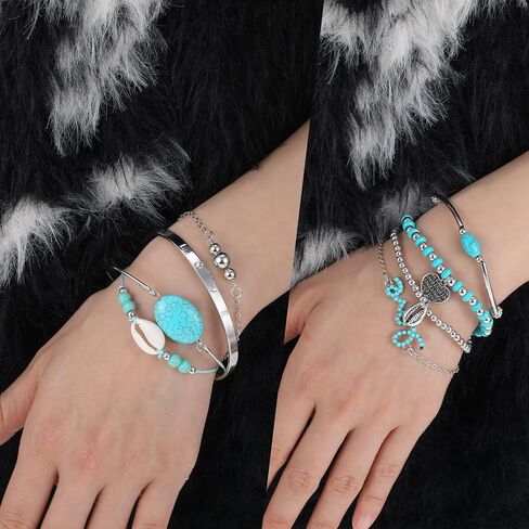 50Pcs Bohemian Jewelry Set With Turquoise Necklace, Dangle Earrings, Stackable Bangle Bracelets, Knuckle Rings, Vintage Western Boho Turquoise Jewelry Set for Women Anniversary Birthday Gift in Saudi Arabia
