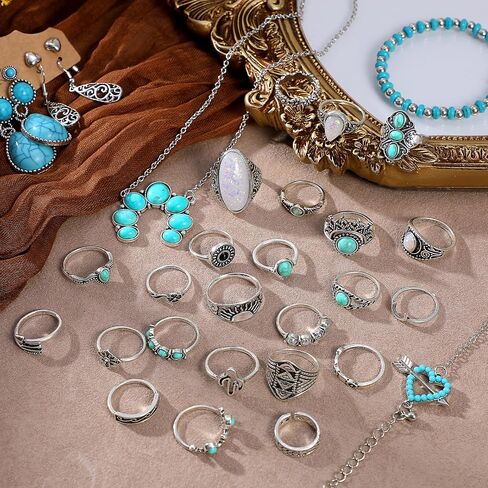 50Pcs Bohemian Jewelry Set With Turquoise Necklace, Dangle Earrings, Stackable Bangle Bracelets, Knuckle Rings, Vintage Western Boho Turquoise Jewelry Set for Women Anniversary Birthday Gift in Saudi Arabia