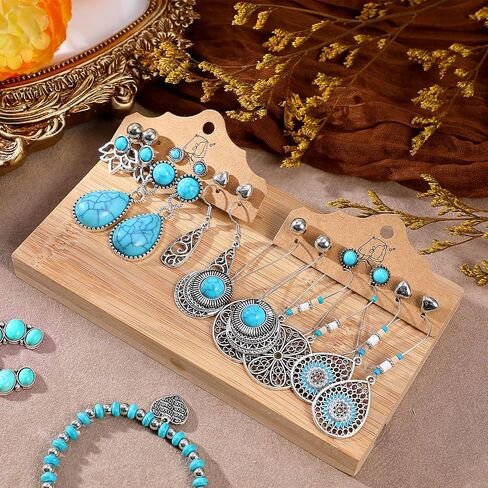 50Pcs Bohemian Jewelry Set With Turquoise Necklace, Dangle Earrings, Stackable Bangle Bracelets, Knuckle Rings, Vintage Western Boho Turquoise Jewelry Set for Women Anniversary Birthday Gift in Saudi Arabia
