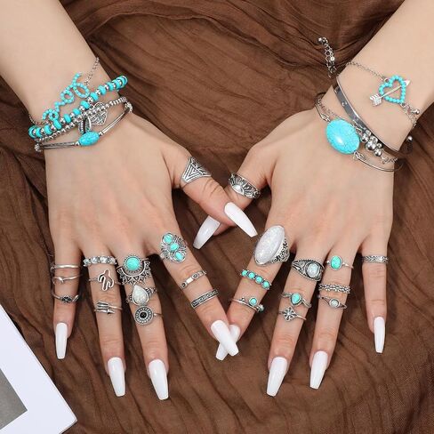 50Pcs Bohemian Jewelry Set With Turquoise Necklace, Dangle Earrings, Stackable Bangle Bracelets, Knuckle Rings, Vintage Western Boho Turquoise Jewelry Set for Women Anniversary Birthday Gift in Saudi Arabia