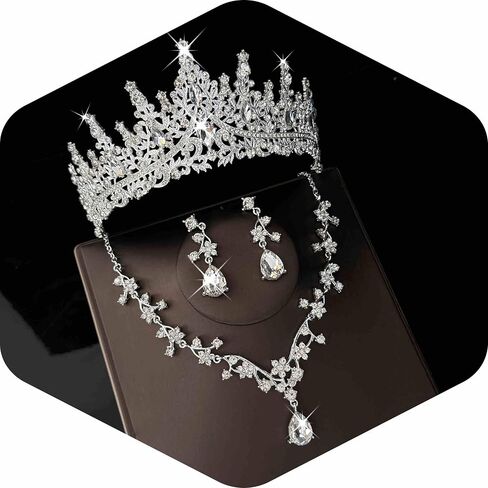 Silver/Gold Tiaras Crowns for Women,Necklace Earrings Crystal Bridal Jewelry Set For Wedding, Birthday, Quinceañera for Prom Party Cosplay A13 in Saudi Arabia
